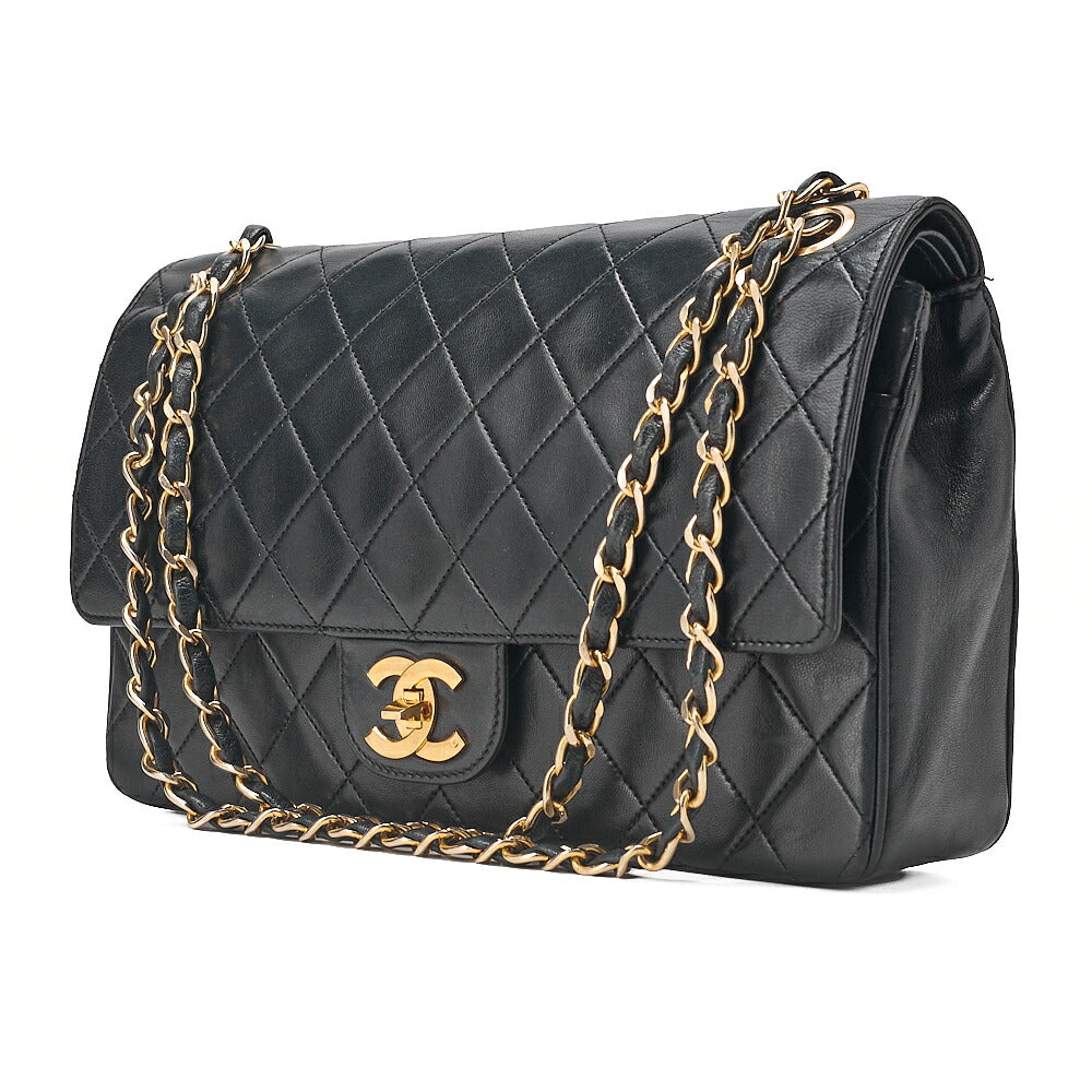 CHANEL Lambskin Matelasse Straight Flap Tang Lock Double Flap Chain Shoulder Bag Black Gold-Tone Hardware, Pre-Owned