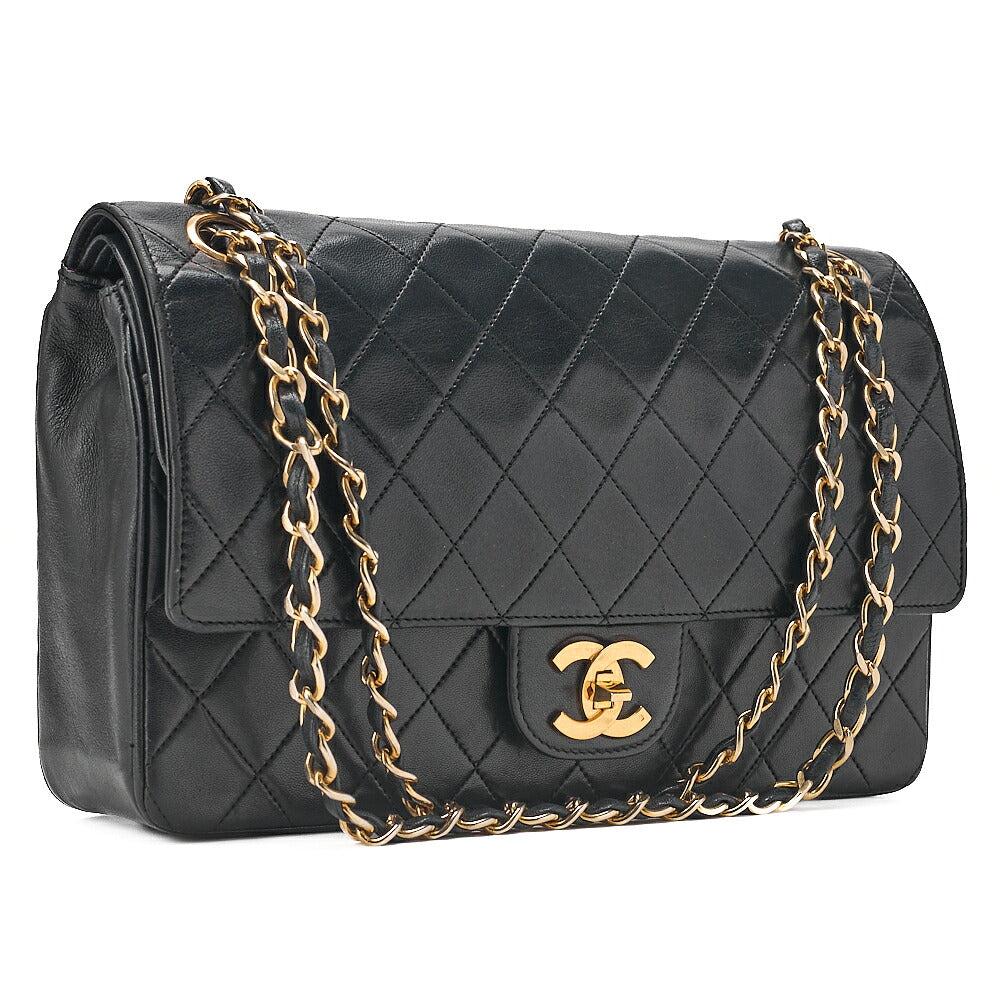 CHANEL Lambskin Matelasse Straight Flap Tang Lock Double Flap Chain Shoulder Bag Black Gold-Tone Hardware, Pre-Owned