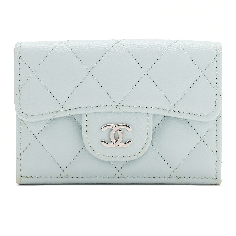 CHANEL Matelasse Coco Mark Trifold Compact Wallet Caviar Skin Light Blue Silver-Tone Hardware, Pre-Owned
