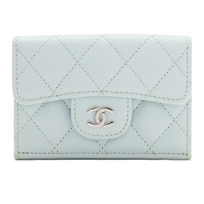 CHANEL Matelasse Coco Mark Trifold Compact Wallet Caviar Skin Light Blue Silver-Tone Hardware, Pre-Owned