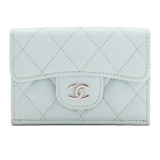 CHANEL Matelasse Coco Mark Trifold Compact Wallet Caviar Skin Light Blue Silver-Tone Hardware, Pre-Owned