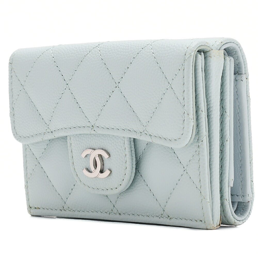 CHANEL Matelasse Coco Mark Trifold Compact Wallet Caviar Skin Light Blue Silver-Tone Hardware, Pre-Owned