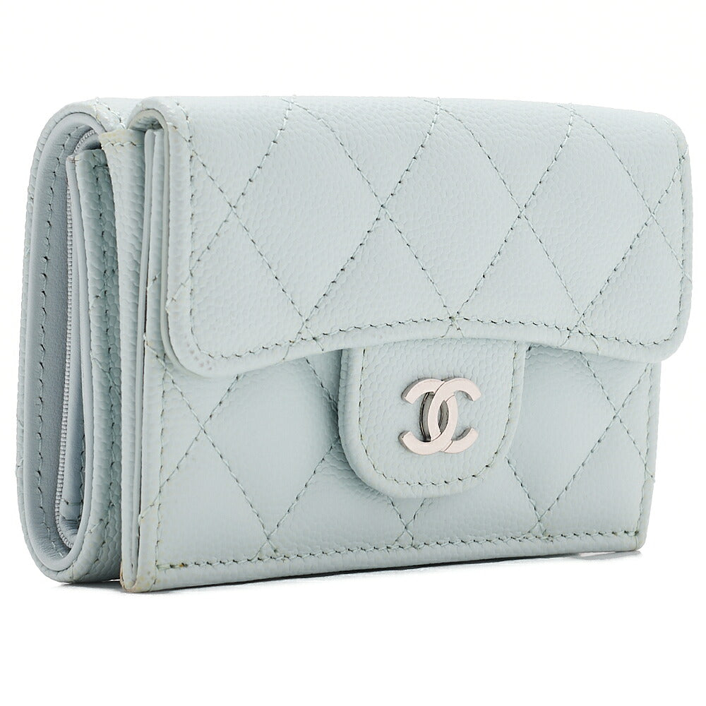 CHANEL Matelasse Coco Mark Trifold Compact Wallet Caviar Skin Light Blue Silver-Tone Hardware, Pre-Owned