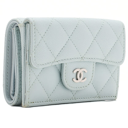 CHANEL Matelasse Coco Mark Trifold Compact Wallet Caviar Skin Light Blue Silver-Tone Hardware, Pre-Owned