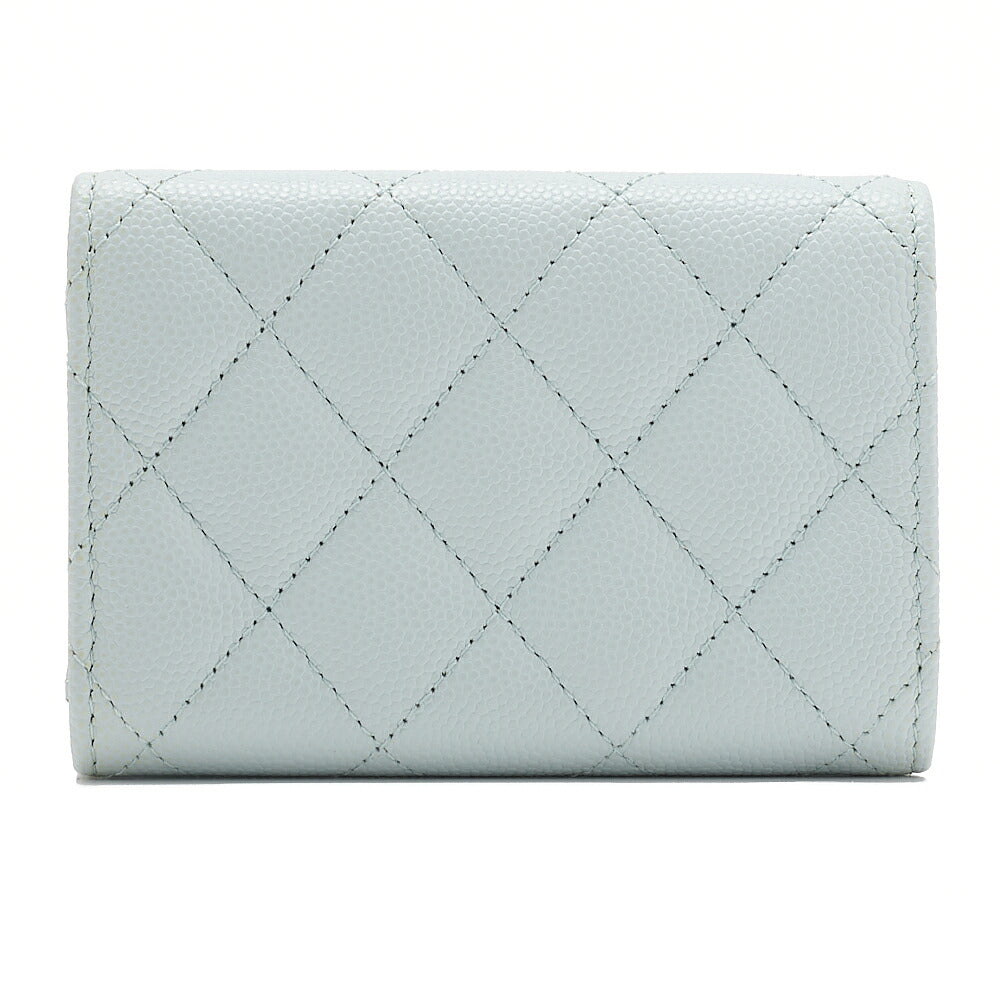 CHANEL Matelasse Coco Mark Trifold Compact Wallet Caviar Skin Light Blue Silver-Tone Hardware, Pre-Owned