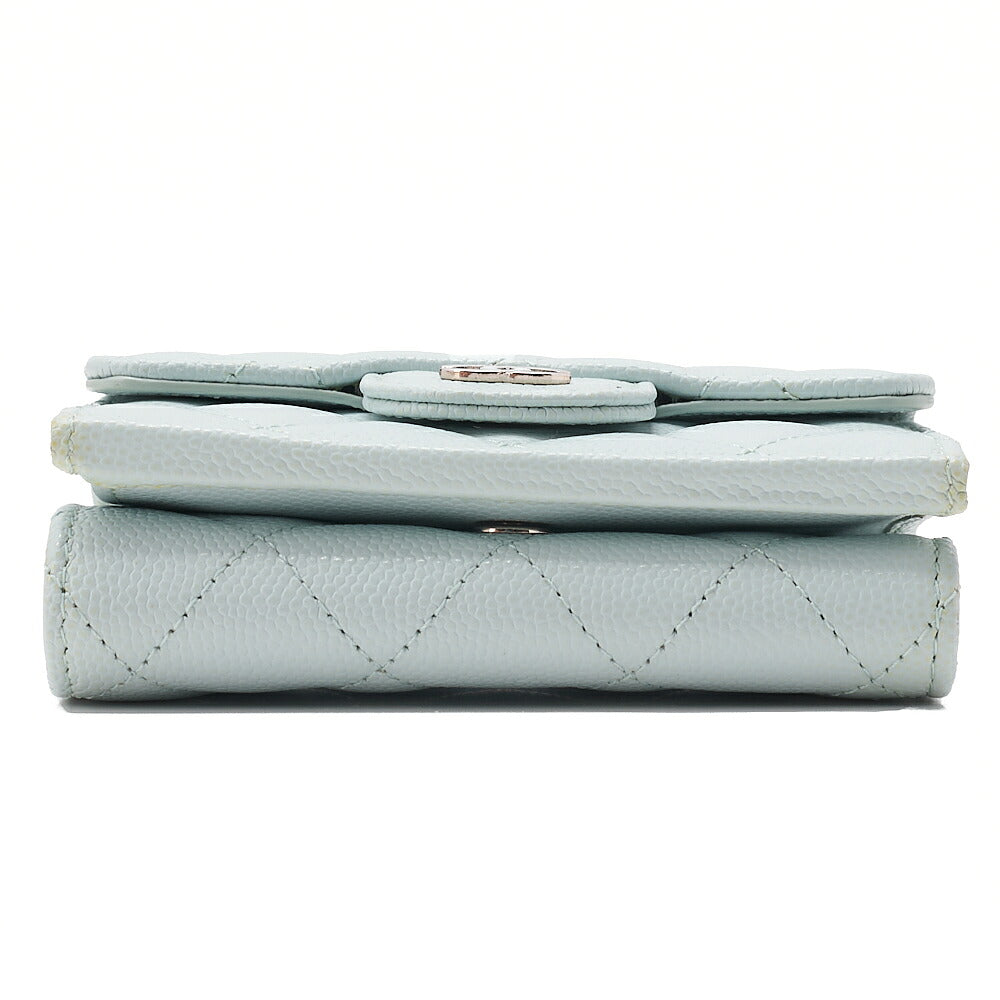 CHANEL Matelasse Coco Mark Trifold Compact Wallet Caviar Skin Light Blue Silver-Tone Hardware, Pre-Owned