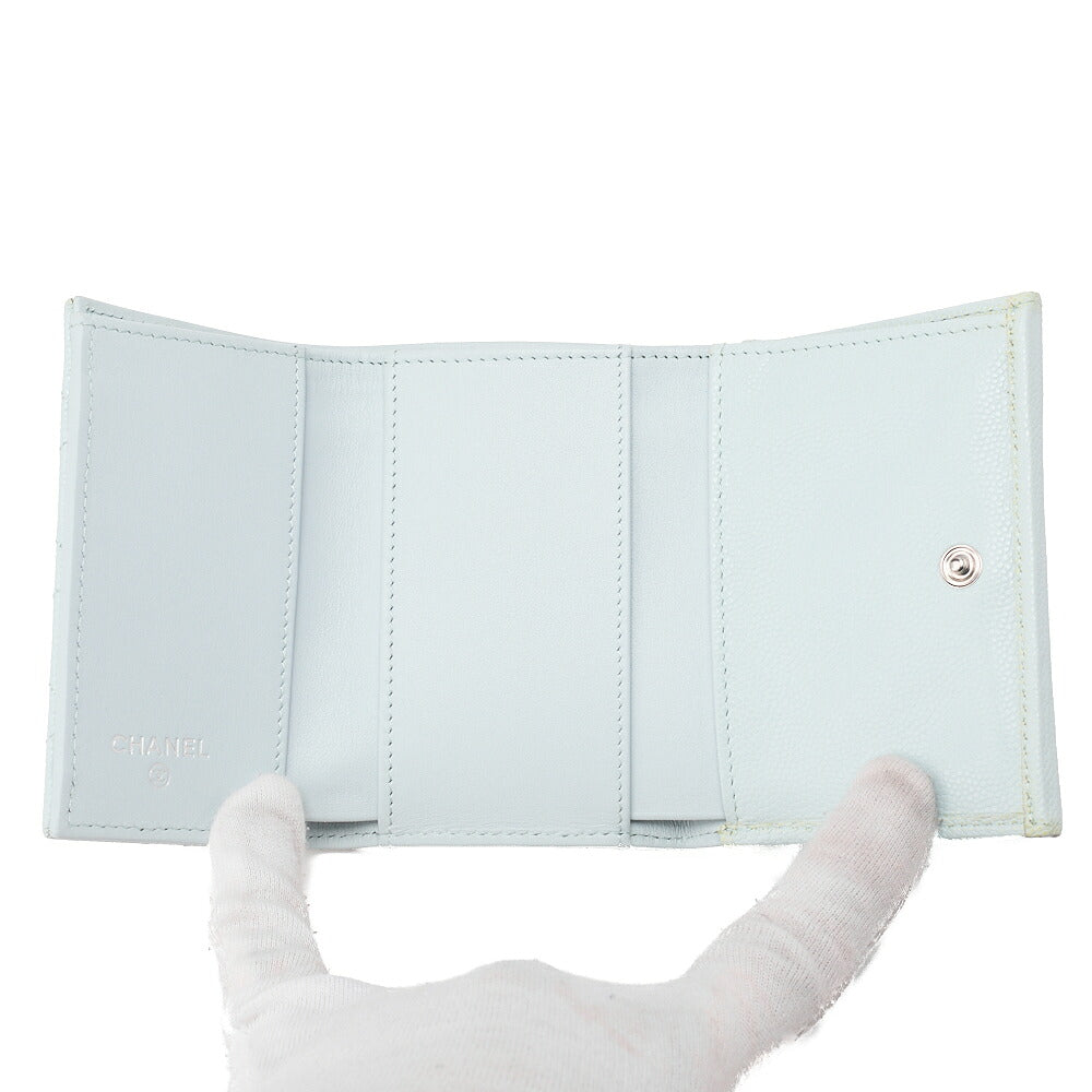 CHANEL Matelasse Coco Mark Trifold Compact Wallet Caviar Skin Light Blue Silver-Tone Hardware, Pre-Owned