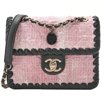 CHANEL Tweed x Lambskin Cruise Collection Chain Shoulder Bag Pink x Black Gold-Tone Hardware, Pre-Owned