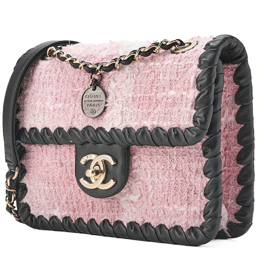 CHANEL Tweed x Lambskin Cruise Collection Chain Shoulder Bag Pink x Black Gold-Tone Hardware, Pre-Owned