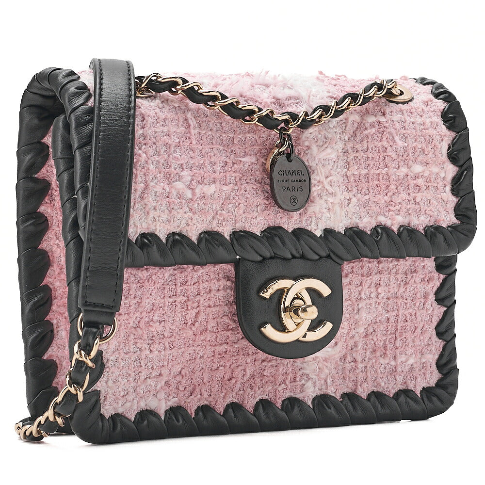 CHANEL Tweed x Lambskin Cruise Collection Chain Shoulder Bag Pink x Black Gold-Tone Hardware, Pre-Owned