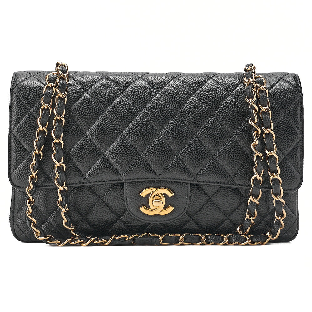 CHANEL Caviar Skin Matelasse Double Flap 25cm Chain Shoulder Black Gold-Tone Hardware, Pre-Owned