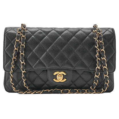 CHANEL Caviar Skin Matelasse Double Flap 25cm Chain Shoulder Black Gold-Tone Hardware, Pre-Owned