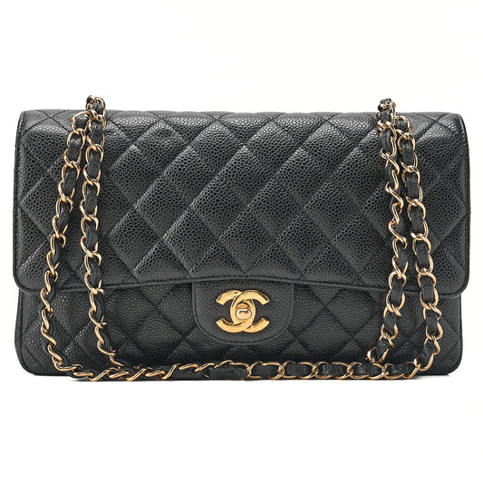 CHANEL Caviar Skin Matelasse Double Flap 25cm Chain Shoulder Black Gold-Tone Hardware, Pre-Owned