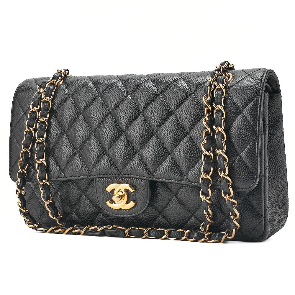 CHANEL Caviar Skin Matelasse Double Flap 25cm Chain Shoulder Black Gold-Tone Hardware, Pre-Owned