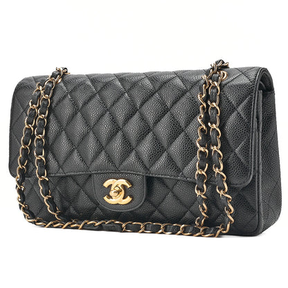 CHANEL Caviar Skin Matelasse Double Flap 25cm Chain Shoulder Black Gold-Tone Hardware, Pre-Owned