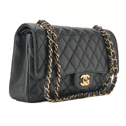 CHANEL Caviar Skin Matelasse Double Flap 25cm Chain Shoulder Black Gold-Tone Hardware, Pre-Owned