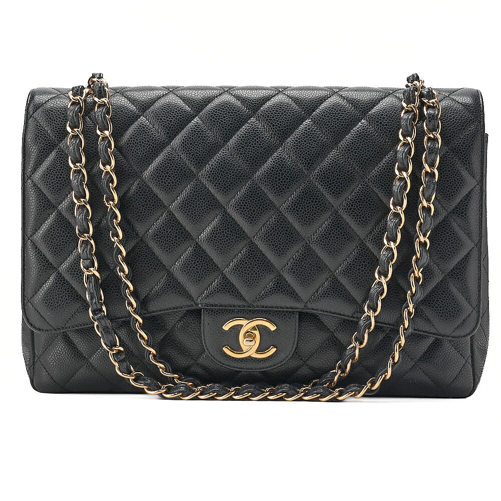 CHANEL Caviar Skin Deka Matelasse 33cm Double Flap Chain Shoulder Bag Black Gold-Tone Hardware, Pre-Owned