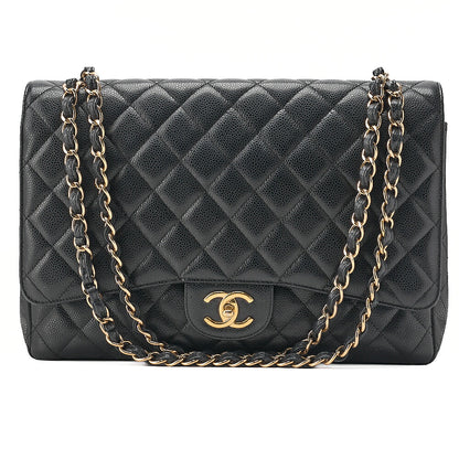 CHANEL Caviar Skin Deka Matelasse 33cm Double Flap Chain Shoulder Bag Black Gold-Tone Hardware, Pre-Owned