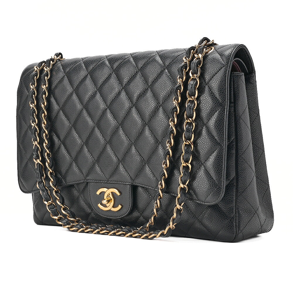 CHANEL Caviar Skin Deka Matelasse 33cm Double Flap Chain Shoulder Bag Black Gold-Tone Hardware, Pre-Owned