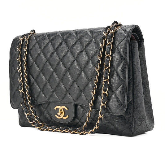 CHANEL Caviar Skin Deka Matelasse 33cm Double Flap Chain Shoulder Bag Black Gold-Tone Hardware, Pre-Owned