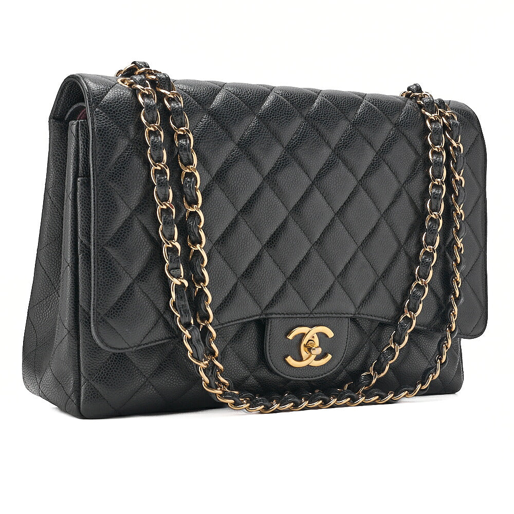 CHANEL Caviar Skin Deka Matelasse 33cm Double Flap Chain Shoulder Bag Black Gold-Tone Hardware, Pre-Owned