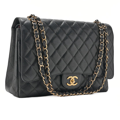 CHANEL Caviar Skin Deka Matelasse 33cm Double Flap Chain Shoulder Bag Black Gold-Tone Hardware, Pre-Owned