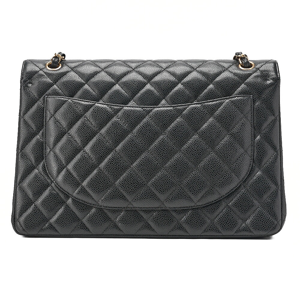 CHANEL Caviar Skin Deka Matelasse 33cm Double Flap Chain Shoulder Bag Black Gold-Tone Hardware, Pre-Owned