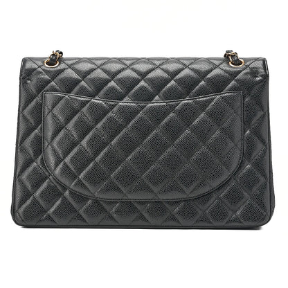 CHANEL Caviar Skin Deka Matelasse 33cm Double Flap Chain Shoulder Bag Black Gold-Tone Hardware, Pre-Owned