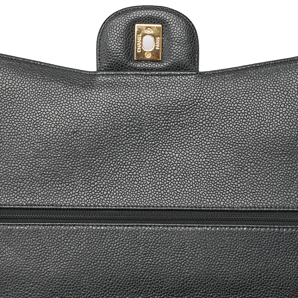 CHANEL Caviar Skin Deka Matelasse 33cm Double Flap Chain Shoulder Bag Black Gold-Tone Hardware, Pre-Owned