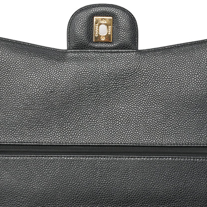 CHANEL Caviar Skin Deka Matelasse 33cm Double Flap Chain Shoulder Bag Black Gold-Tone Hardware, Pre-Owned
