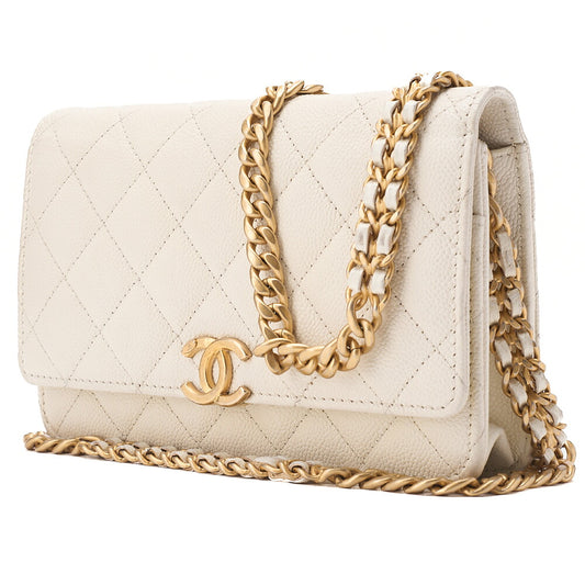 CHANEL Chanel Matelasse Chain Wallet Caviar Skin White Gold-Tone Hardware, Pre-Owned