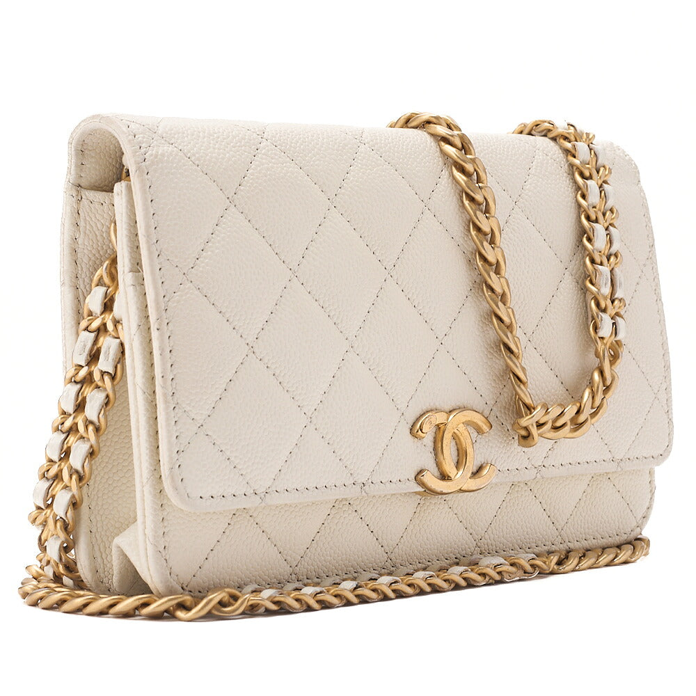 CHANEL Chanel Matelasse Chain Wallet Caviar Skin White Gold-Tone Hardware, Pre-Owned