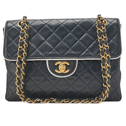 CHANEL Lambskin Matelasse Single Flap Chain Shoulder Navy X White Gold-Tone Hardware, Pre-Owned