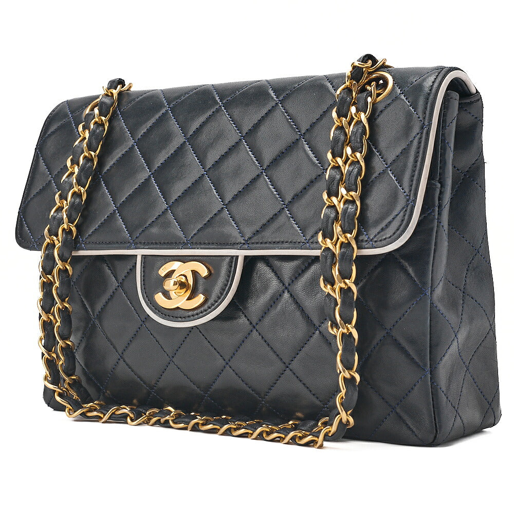 CHANEL Lambskin Matelasse Single Flap Chain Shoulder Navy X White Gold-Tone Hardware, Pre-Owned