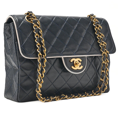 CHANEL Lambskin Matelasse Single Flap Chain Shoulder Navy X White Gold-Tone Hardware, Pre-Owned