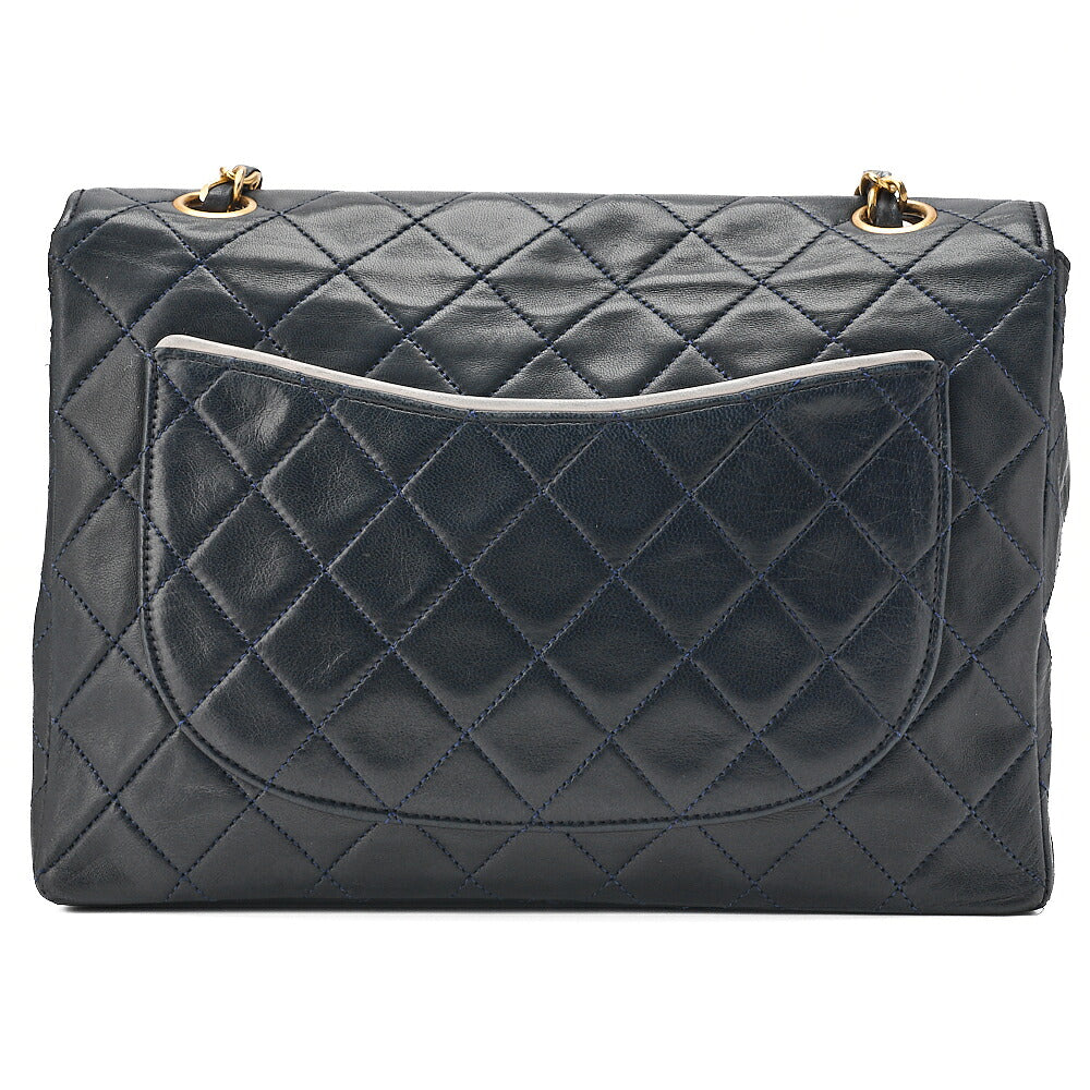 CHANEL Lambskin Matelasse Single Flap Chain Shoulder Navy X White Gold-Tone Hardware, Pre-Owned