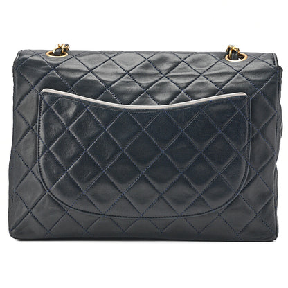 CHANEL Lambskin Matelasse Single Flap Chain Shoulder Navy X White Gold-Tone Hardware, Pre-Owned