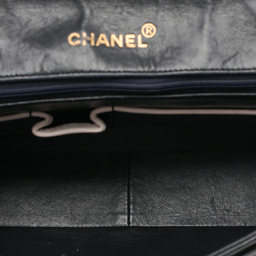 CHANEL Lambskin Matelasse Single Flap Chain Shoulder Navy X White Gold-Tone Hardware, Pre-Owned
