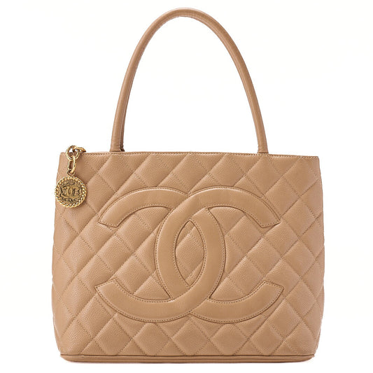 CHANEL Matelasse Reissue Tote Caviar Skin Beige Tote Bag Gold-Tone Hardware, Pre-Owned