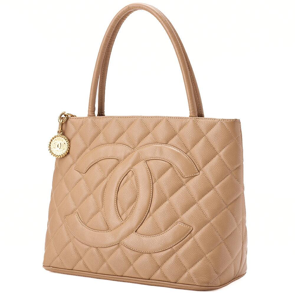 CHANEL Matelasse Reissue Tote Caviar Skin Beige Tote Bag Gold-Tone Hardware, Pre-Owned