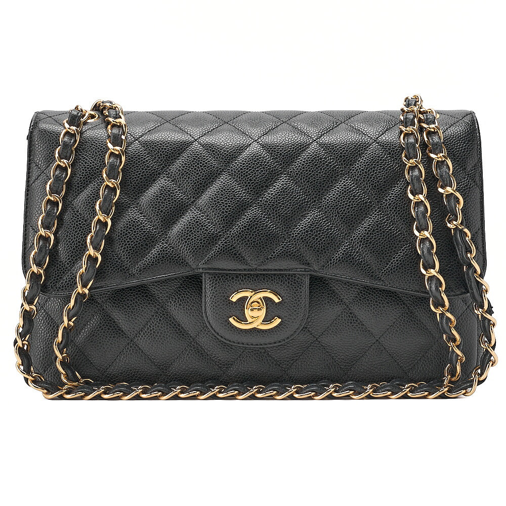 CHANEL Caviar Skin Deka Matelasse Double Flap Chain Shoulder Bag Black Gold-Tone Hardware, Pre-Owned