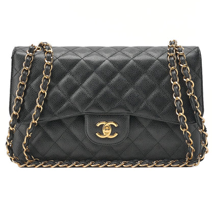 CHANEL Caviar Skin Deka Matelasse Double Flap Chain Shoulder Bag Black Gold-Tone Hardware, Pre-Owned