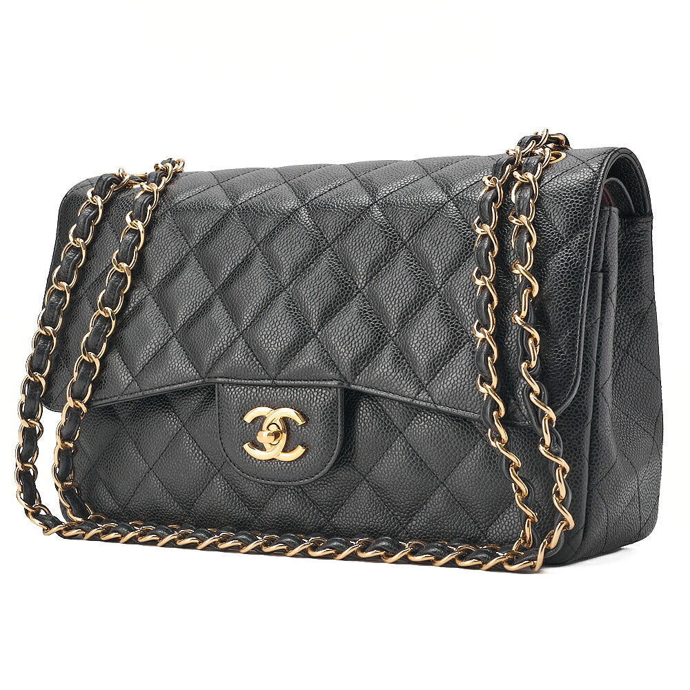 CHANEL Caviar Skin Deka Matelasse Double Flap Chain Shoulder Bag Black Gold-Tone Hardware, Pre-Owned