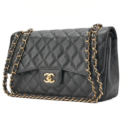 CHANEL Caviar Skin Deka Matelasse Double Flap Chain Shoulder Bag Black Gold-Tone Hardware, Pre-Owned