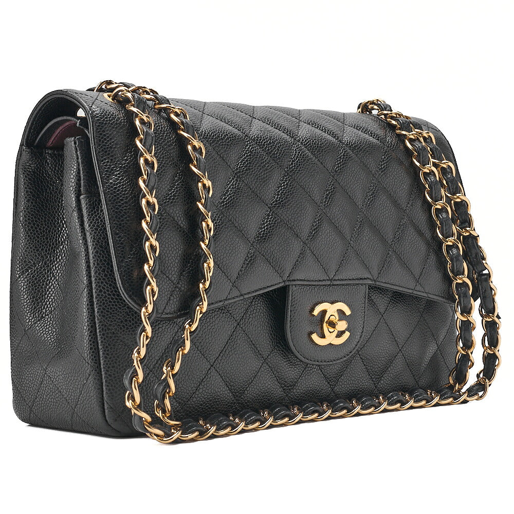 CHANEL Caviar Skin Deka Matelasse Double Flap Chain Shoulder Bag Black Gold-Tone Hardware, Pre-Owned