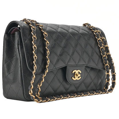 CHANEL Caviar Skin Deka Matelasse Double Flap Chain Shoulder Bag Black Gold-Tone Hardware, Pre-Owned