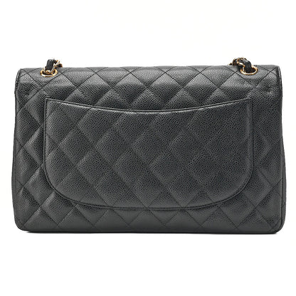 CHANEL Caviar Skin Deka Matelasse Double Flap Chain Shoulder Bag Black Gold-Tone Hardware, Pre-Owned