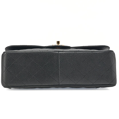 CHANEL Caviar Skin Deka Matelasse Double Flap Chain Shoulder Bag Black Gold-Tone Hardware, Pre-Owned