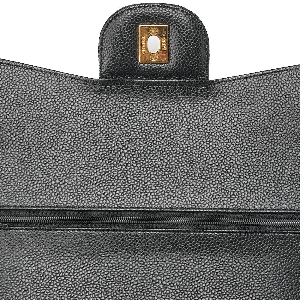 CHANEL Caviar Skin Deka Matelasse Double Flap Chain Shoulder Bag Black Gold-Tone Hardware, Pre-Owned