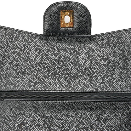 CHANEL Caviar Skin Deka Matelasse Double Flap Chain Shoulder Bag Black Gold-Tone Hardware, Pre-Owned